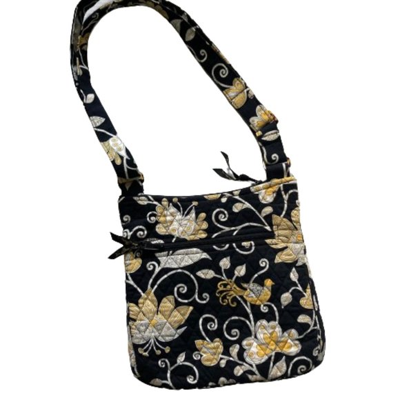 GIFT? Vera Bradley Quilted Crossbody Yellow Birds/Flowers on Black, Lined, OS - Picture 4 of 7